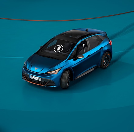 CUPRA Born aurora blue colour with pre-crash system assist