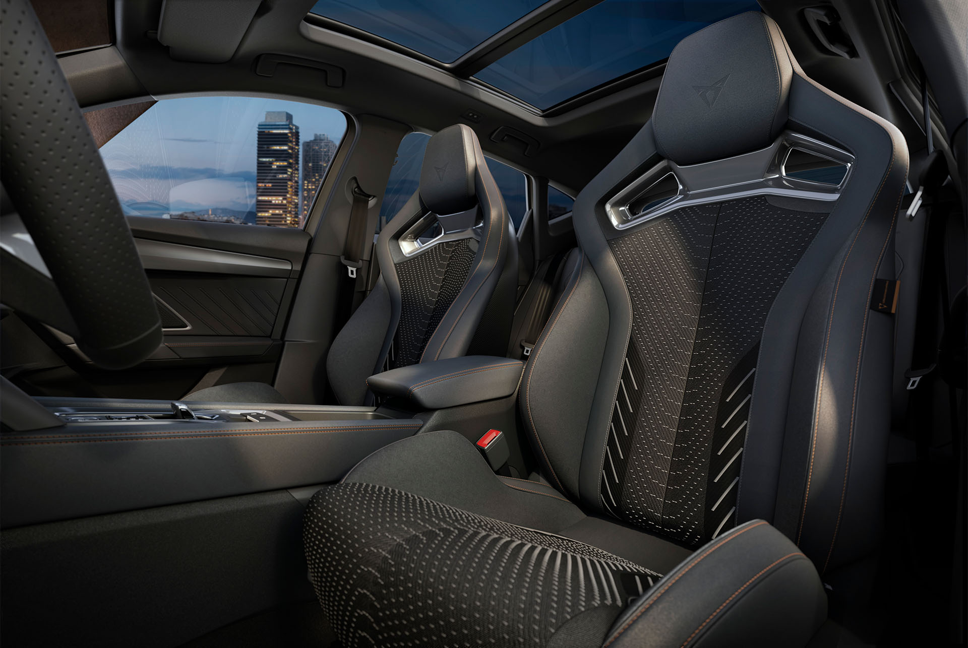 Close up of the CUPRA Formentor’s front seats showing the upholstery details and design lines from the Extreme Pack.