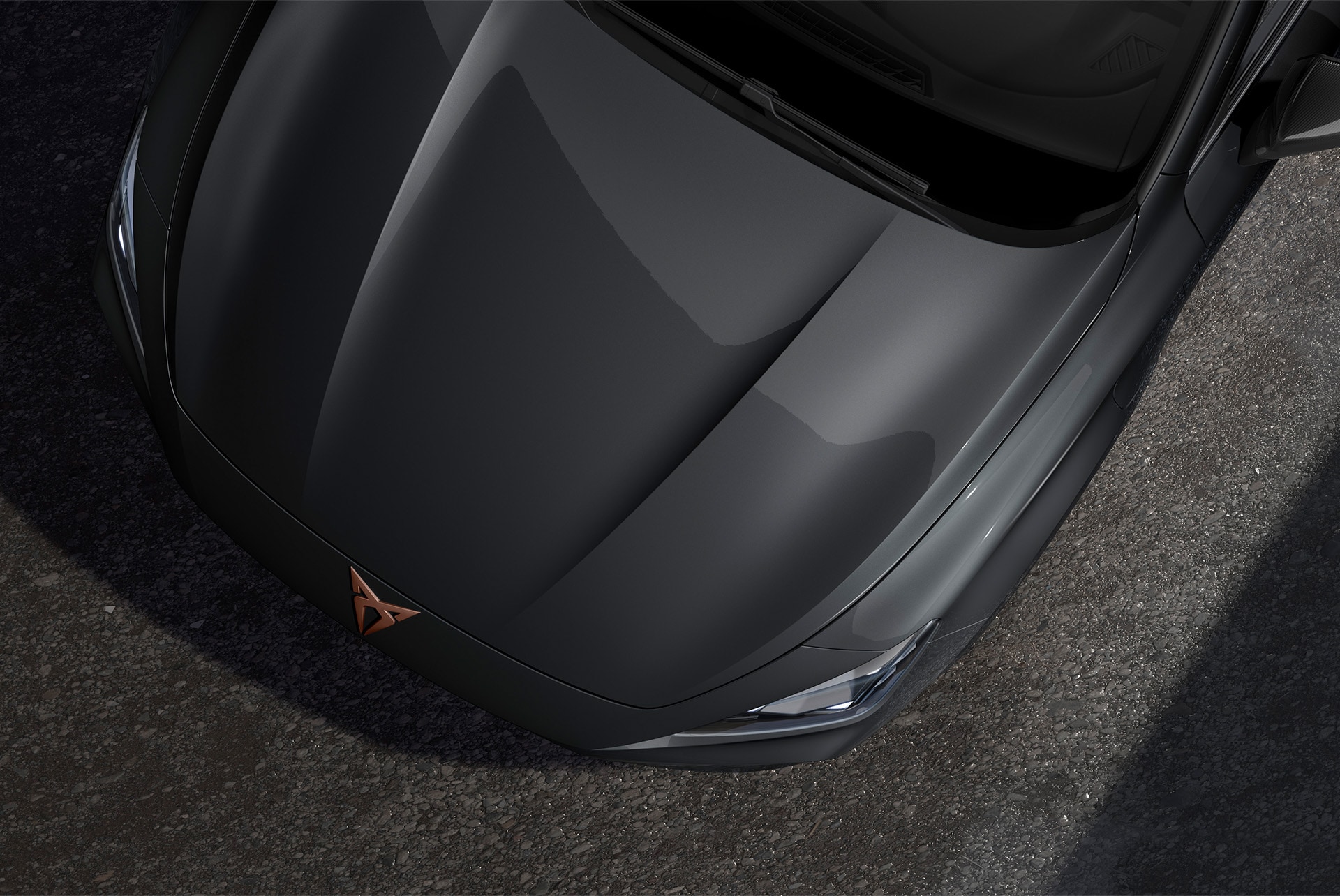 Upper shot of the front nose of the CUPRA Formentor in Magnetic Tech with metallic finish.
