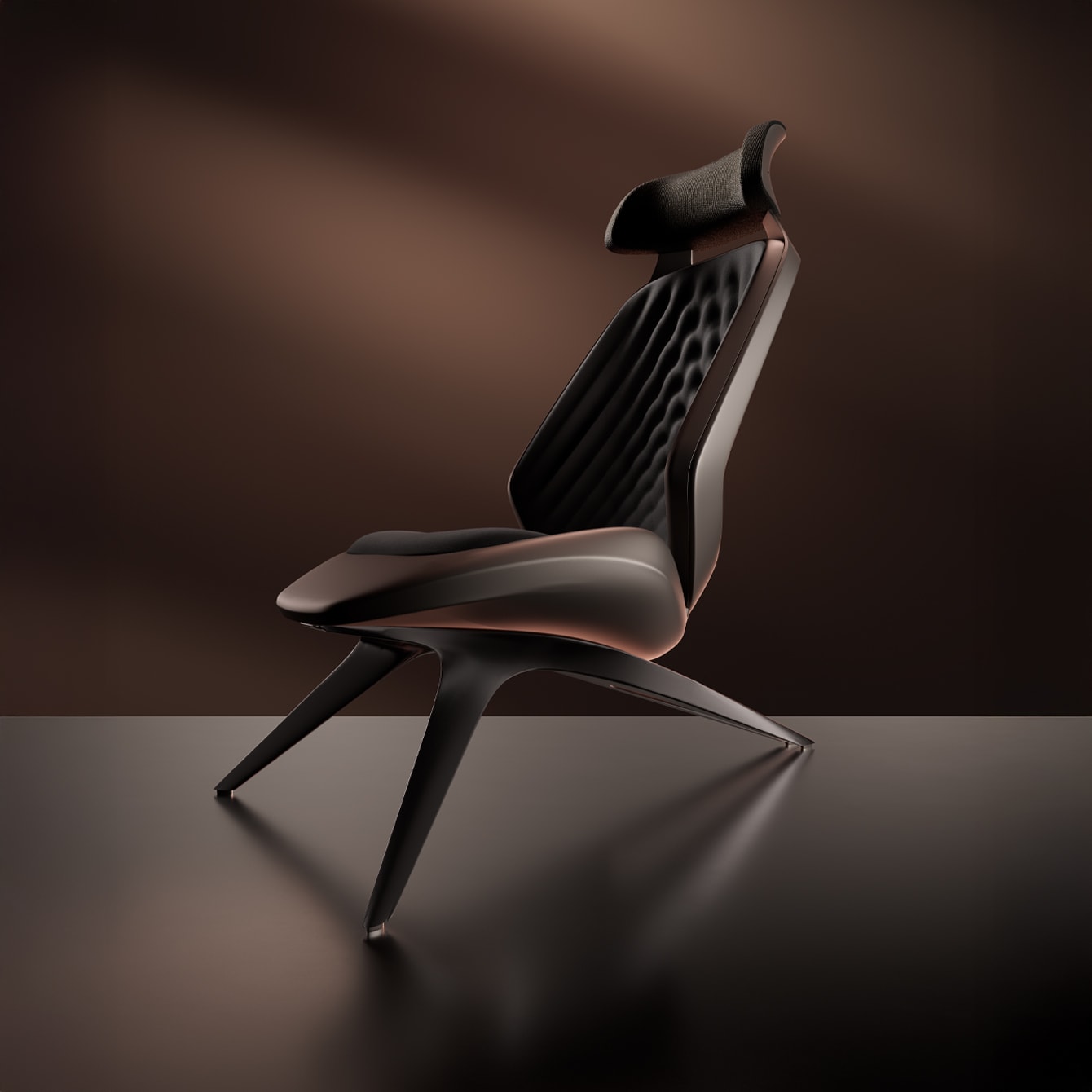 A modern, sculptural chair with a dark, possibly leather or synthetic material, is showcased against a blurred brown backdrop.