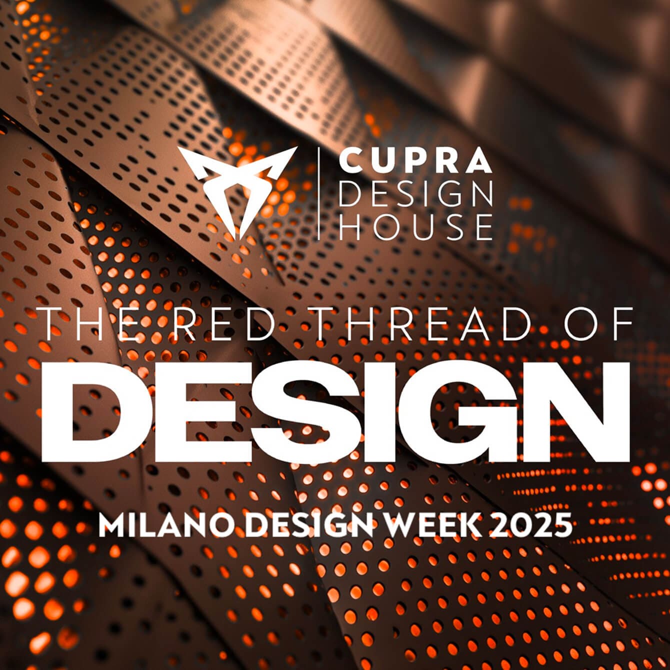 A close-up photo of perforated metal panels with orange light glowing through the holes. The text "THE RED THREAD OF DESIGN" is overlaid in white.