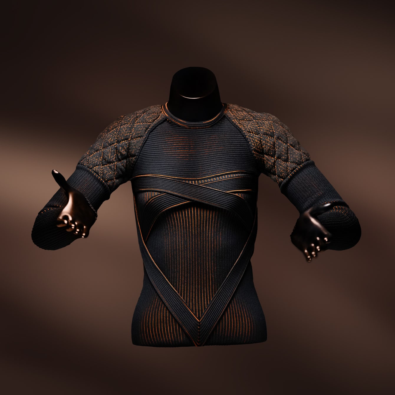 A futuristic, dark-colored long-sleeved shirt with patterns on the sleeves and body is displayed on a mannequin against a brown background.