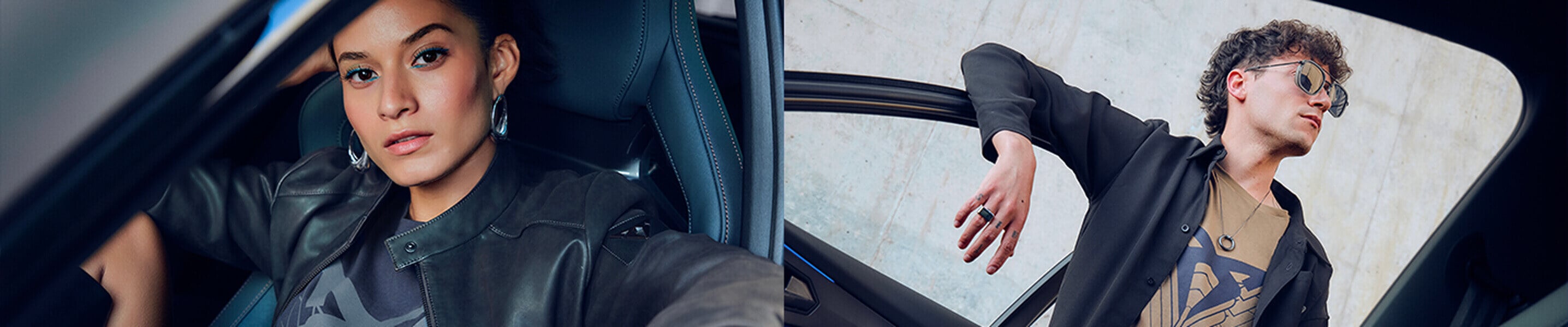 Two people posing with a car, one inside and one leaning on the door.